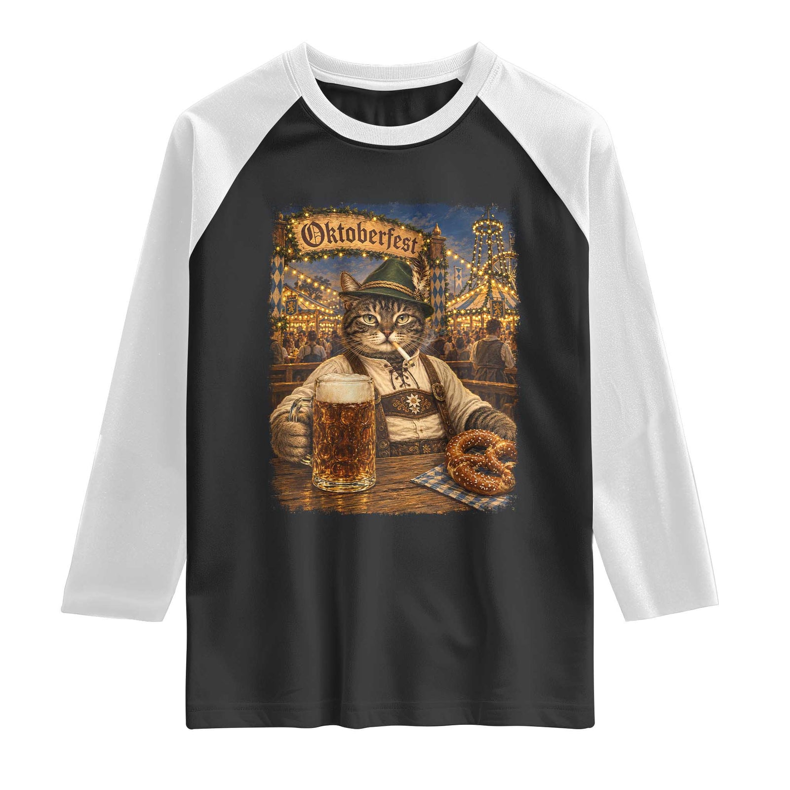 Vintage Oktoberfest Cat Drinking Beer Pretzel Lederhosen Graphic Raglan Shirt Cool Bavarian Kitten German Heritage