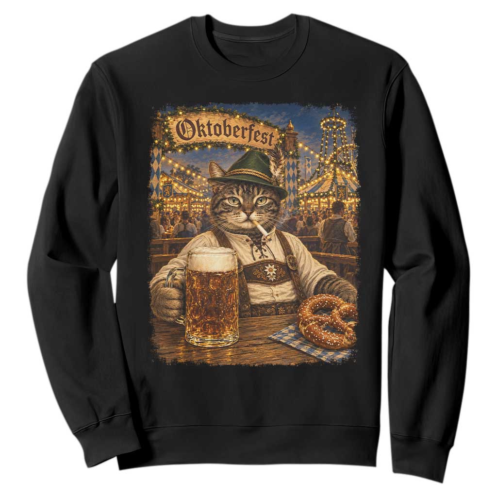 Vintage Oktoberfest Cat Drinking Beer Pretzel Lederhosen Graphic Sweatshirt Cool Bavarian Kitten German Heritage