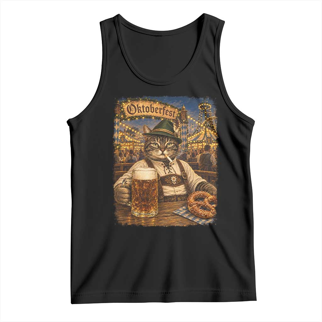 Vintage Oktoberfest Cat Drinking Beer Pretzel Lederhosen Graphic Tank Top Cool Bavarian Kitten German Heritage