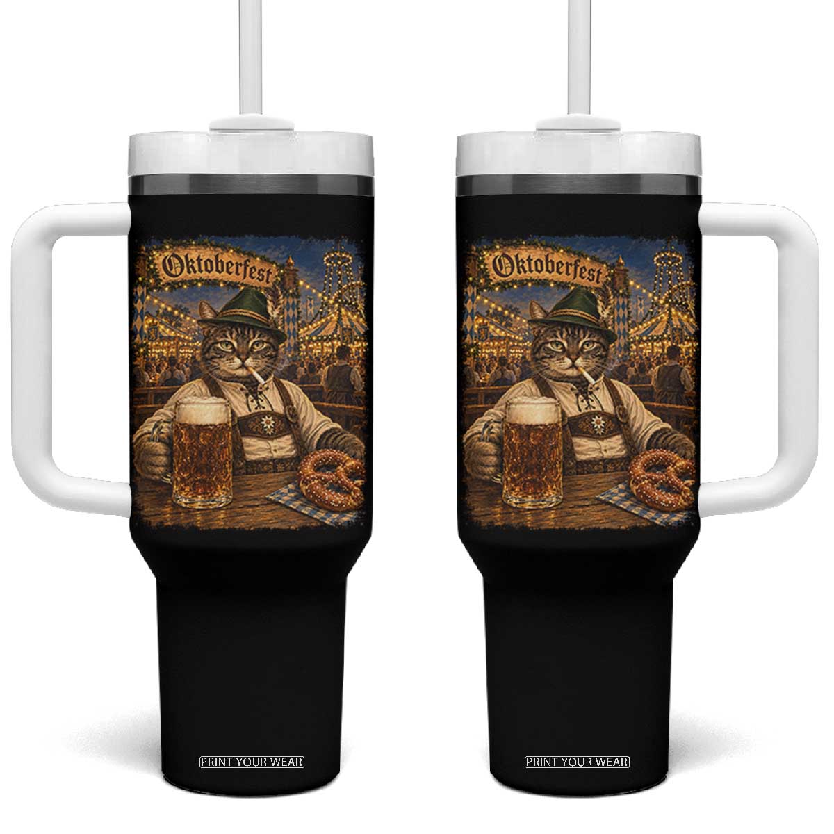 Vintage Oktoberfest Cat Drinking Beer Pretzel Lederhosen Graphic Tumbler With Handle Cool Bavarian Kitten German Heritage