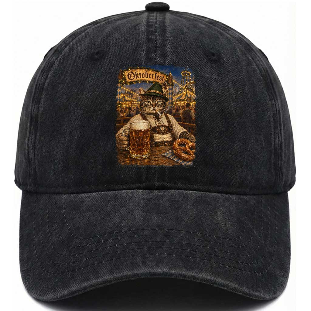 Vintage Oktoberfest Cat Drinking Beer Pretzel Lederhosen Graphic Washed Cotton Baseball Cap Cool Bavarian Kitten German Heritage