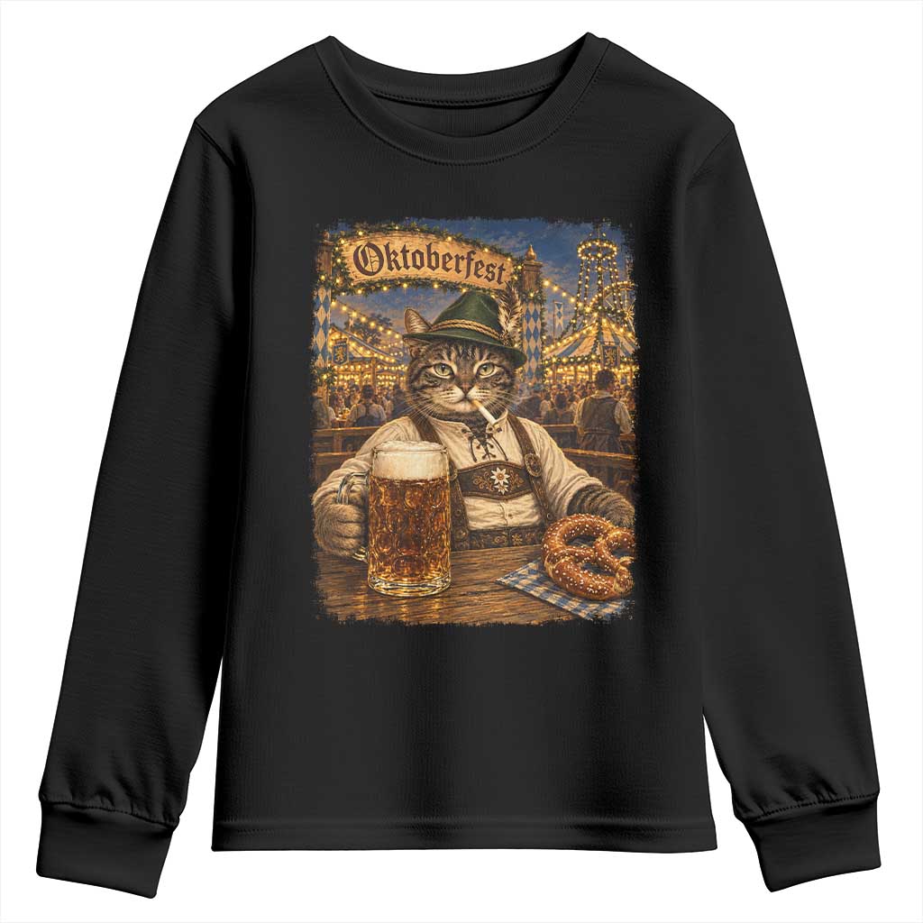 Vintage Oktoberfest Cat Drinking Beer Pretzel Lederhosen Graphic Youth Sweatshirt Cool Bavarian Kitten German Heritage