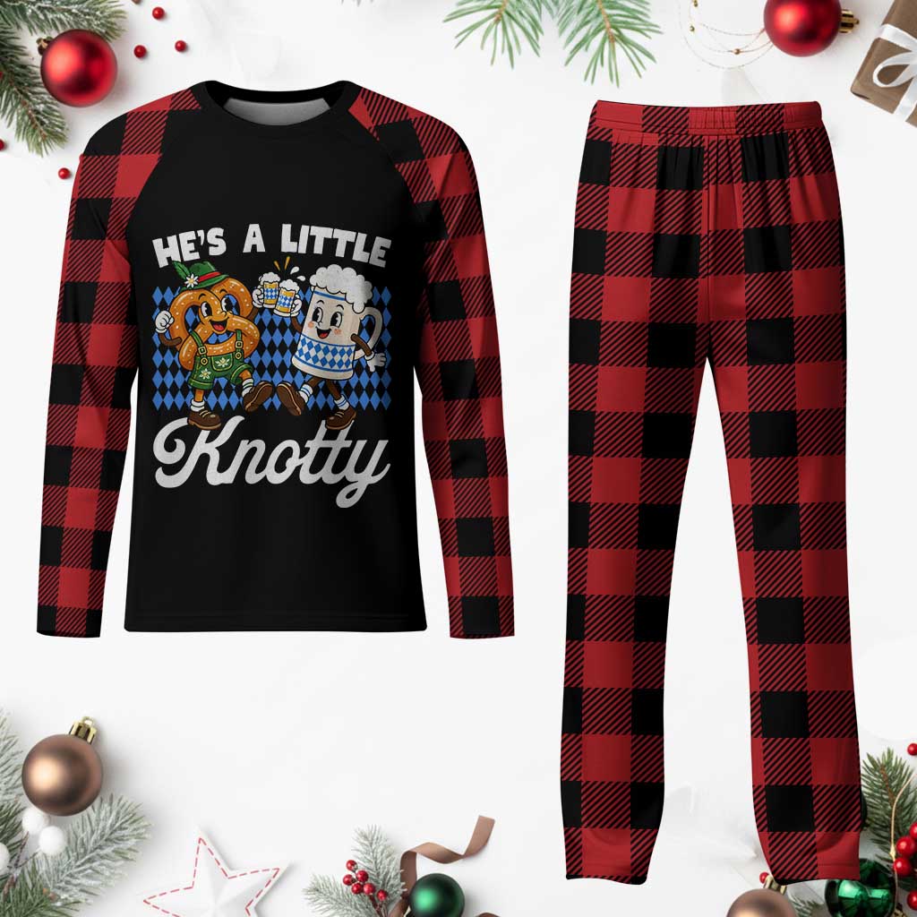 He is A Little Knotty Pretzel Beer Bavarian Oktoberfest Plaid Pajama Set Matching Couple Drinking Humor Graphic