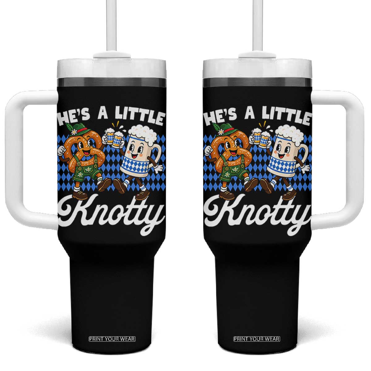 He is A Little Knotty Pretzel Beer Bavarian Oktoberfest Tumbler With Handle Matching Couple Drinking Humor Graphic