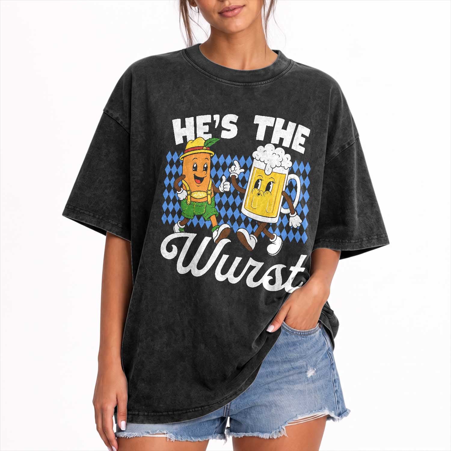 He is The Wurst Sausage Beer Bavarian Oktoberfest Washed Cotton T-Shirt Matching Couple Drinking Humor Graphic