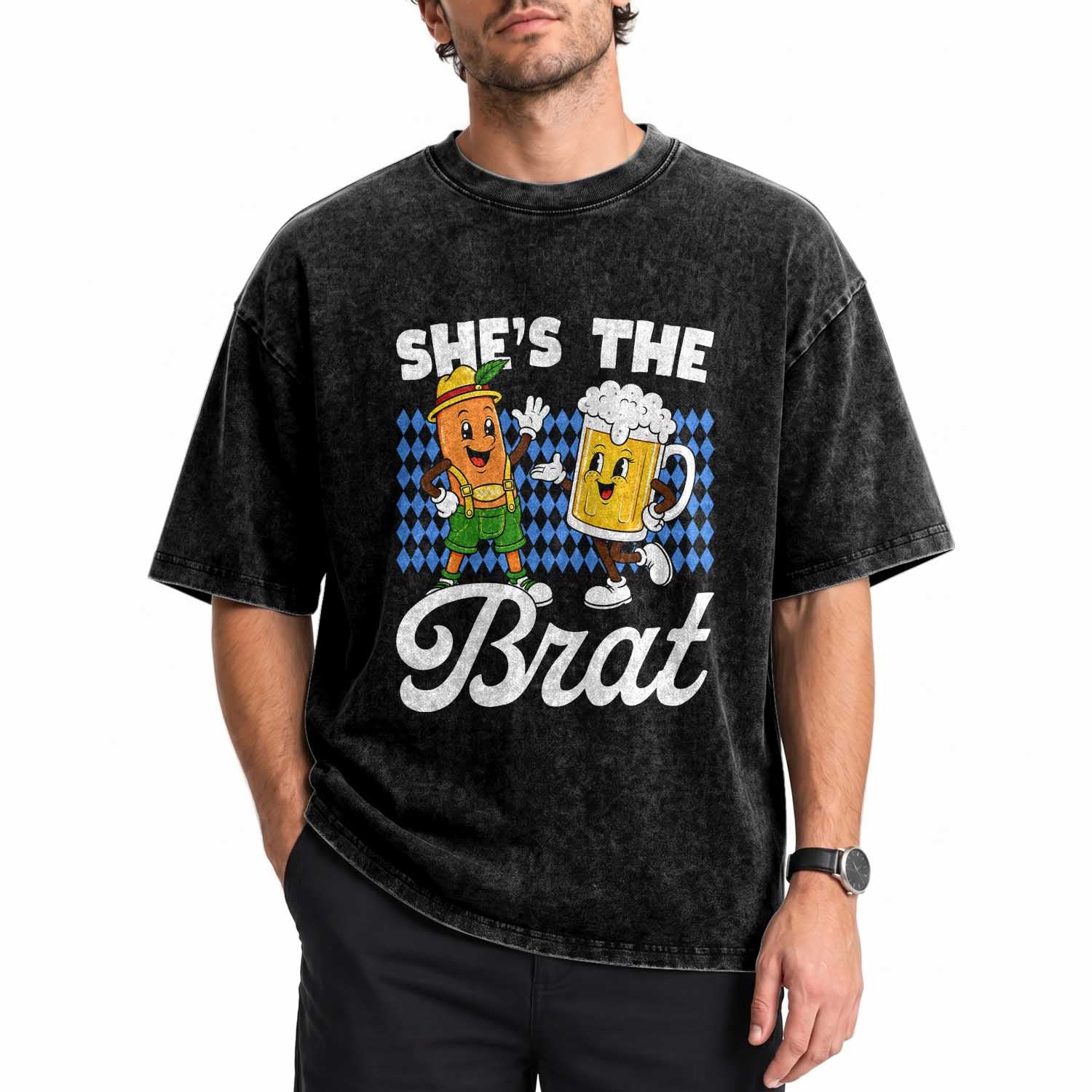 She is The Brat Sausage Beer Mug Oktoberfest Washed Cotton T-Shirt Matching Couple Drinking Humor Graphic