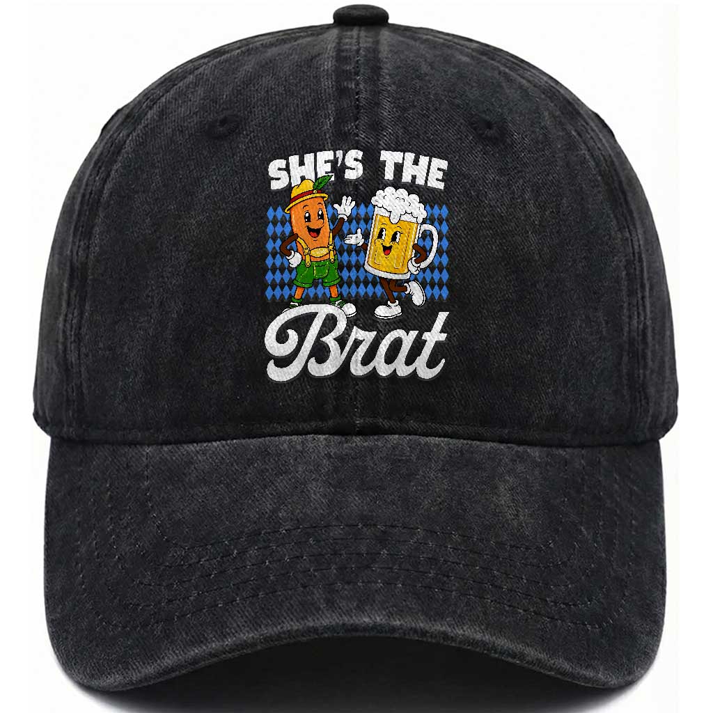 She is The Brat Sausage Beer Mug Oktoberfest Washed Cotton Baseball Cap Matching Couple Drinking Humor Graphic