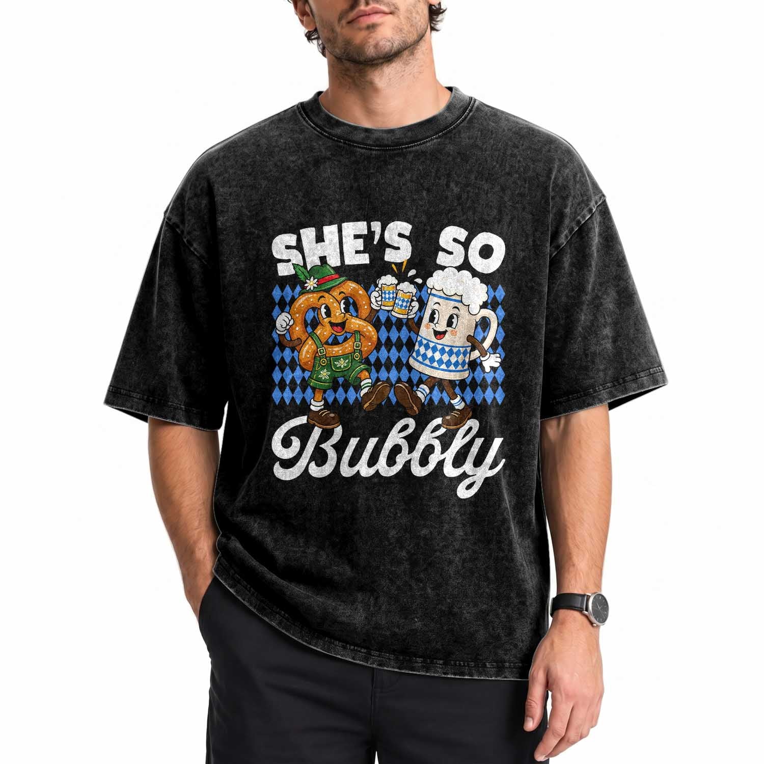 She is So Bubbly Foamy Beer Mug Oktoberfest Washed Cotton T-Shirt Matching Couple Drinking Humor Graphic