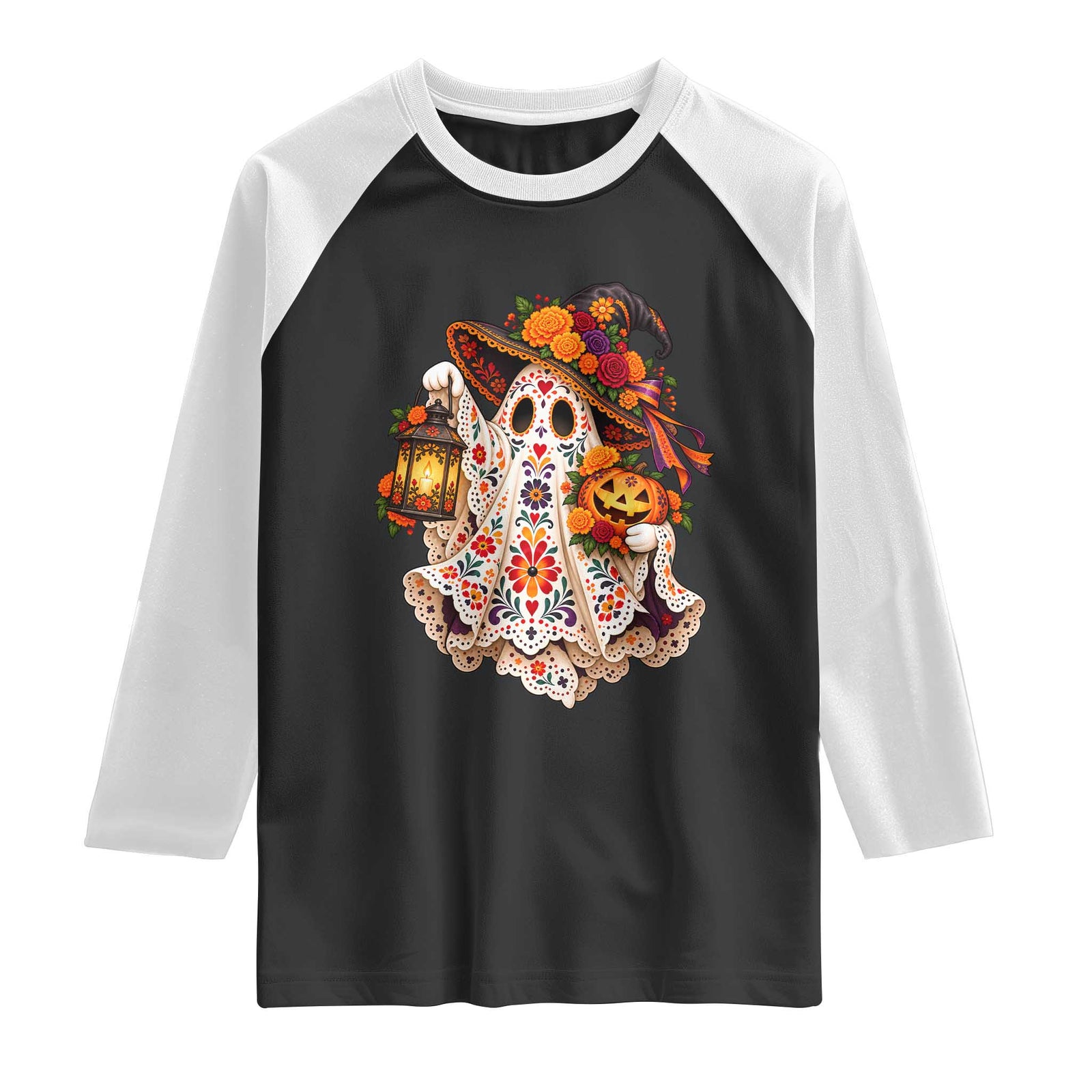 Dia De Los Muertos Floral Ghost Pumpkin Raglan Shirt Day Of The Dead Halloween Graphic