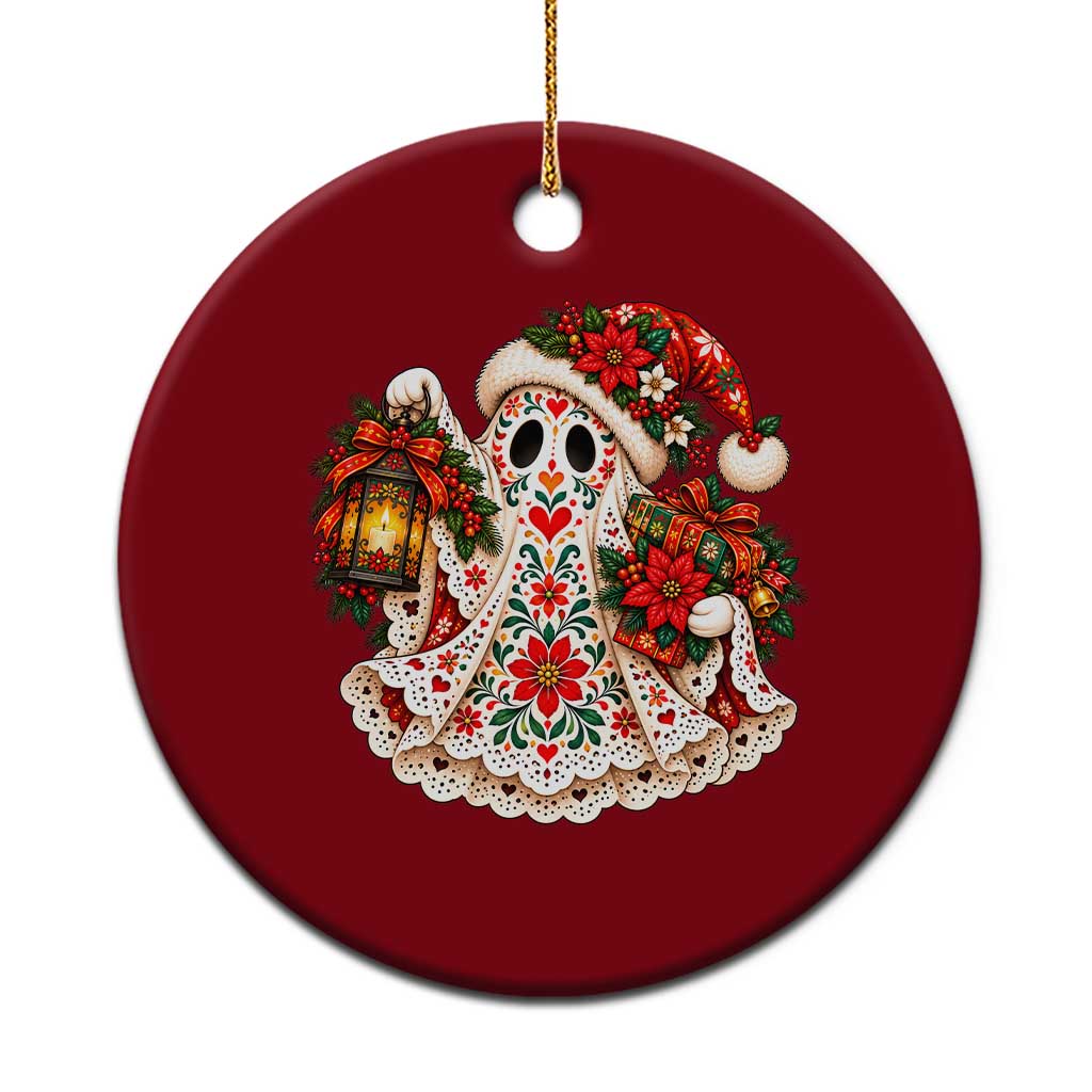 Spooky Christmas Creepmas Floral Ghost Santa Graphic Ceramic Ornament Poinsettia Lantern Mexican Folk Art