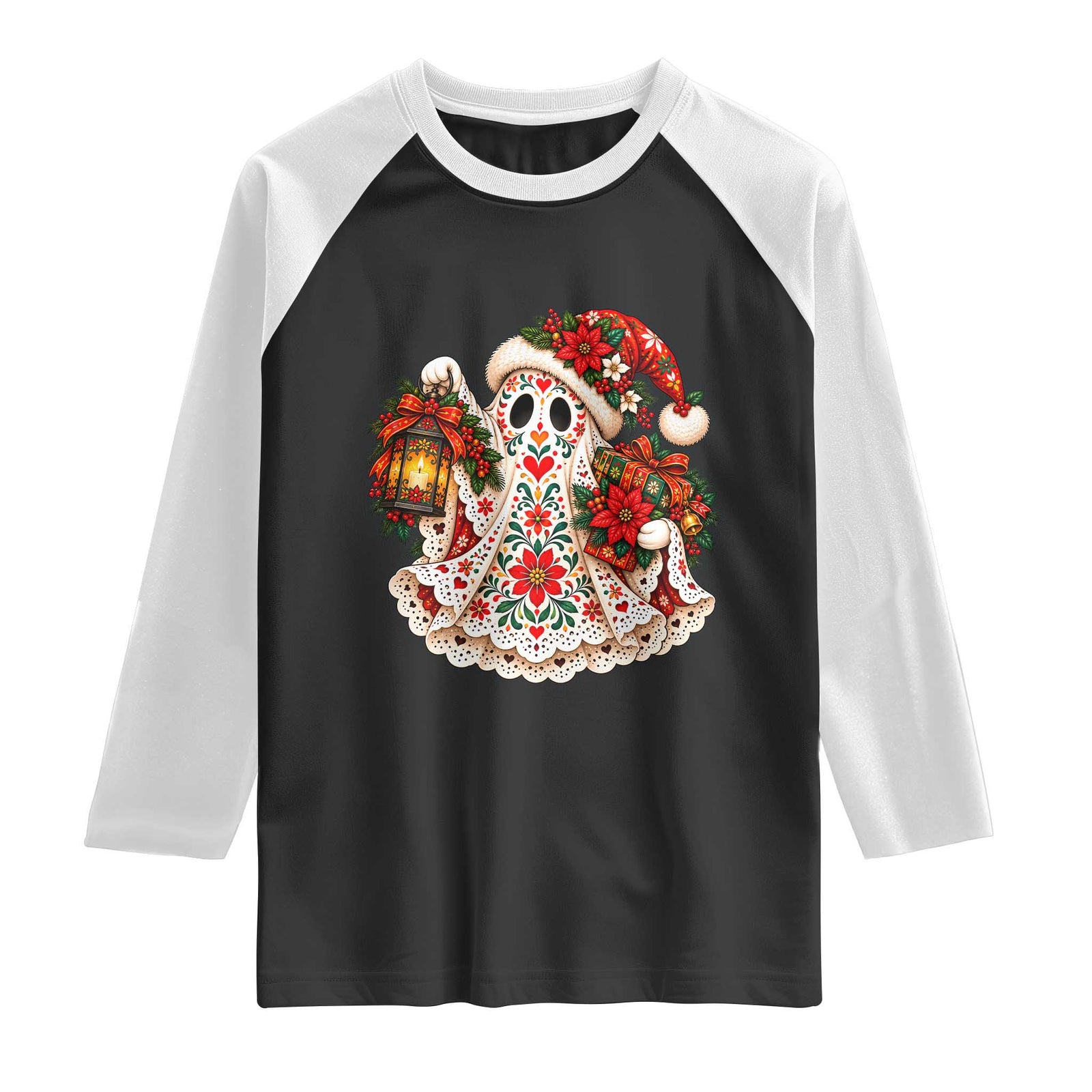 Spooky Christmas Creepmas Floral Ghost Santa Graphic Raglan Shirt Poinsettia Lantern Mexican Folk Art