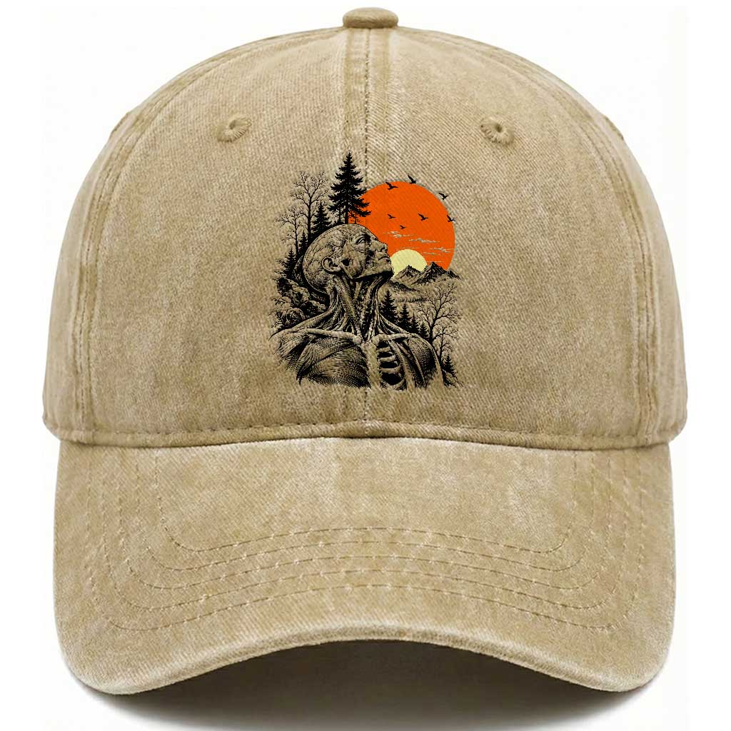 Anatomy Skeleton Nature Landscape Sun Vintage Medical Art Graphic Washed Cotton Baseball Cap
