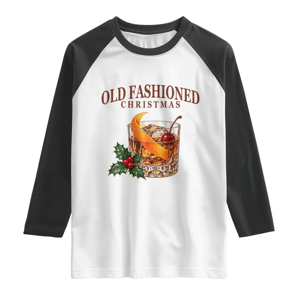 Old Fashioned Christmas Cocktail Whiskey Bourbon Holiday Drink Graphic Raglan Shirt