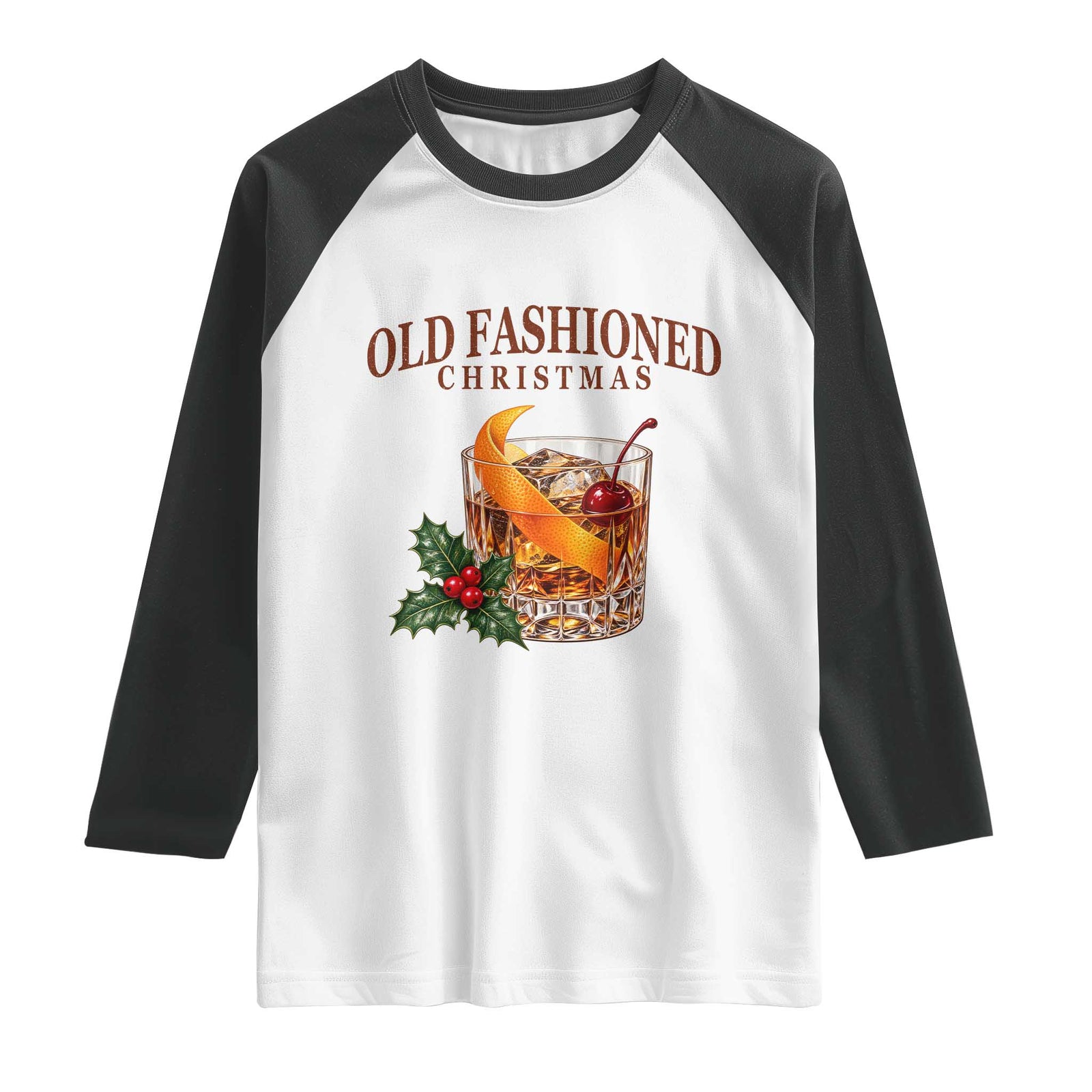 Old Fashioned Christmas Cocktail Whiskey Bourbon Holiday Drink Graphic Raglan Shirt