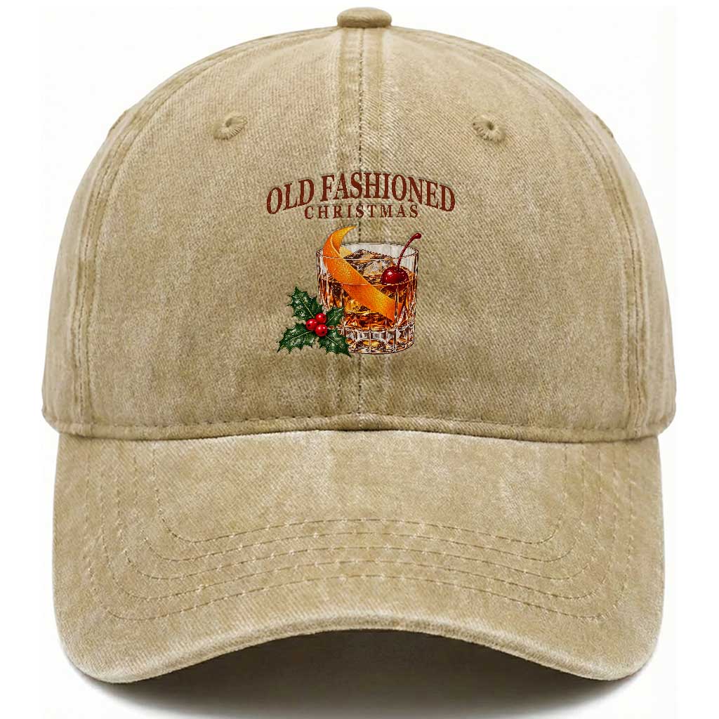 Old Fashioned Christmas Cocktail Whiskey Bourbon Holiday Drink Graphic Washed Cotton Baseball Cap