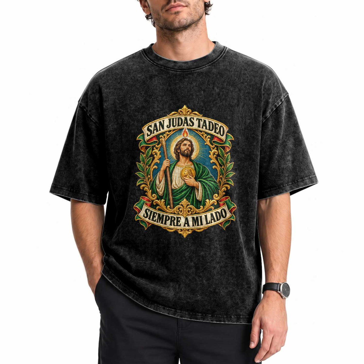 San Judas Tadeo Siempre A Mi Lado Ornate Catholic Saint Graphic Washed Cotton T-Shirt