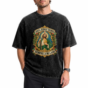 San Judas Tadeo Siempre A Mi Lado Ornate Catholic Saint Graphic Washed Cotton T-Shirt