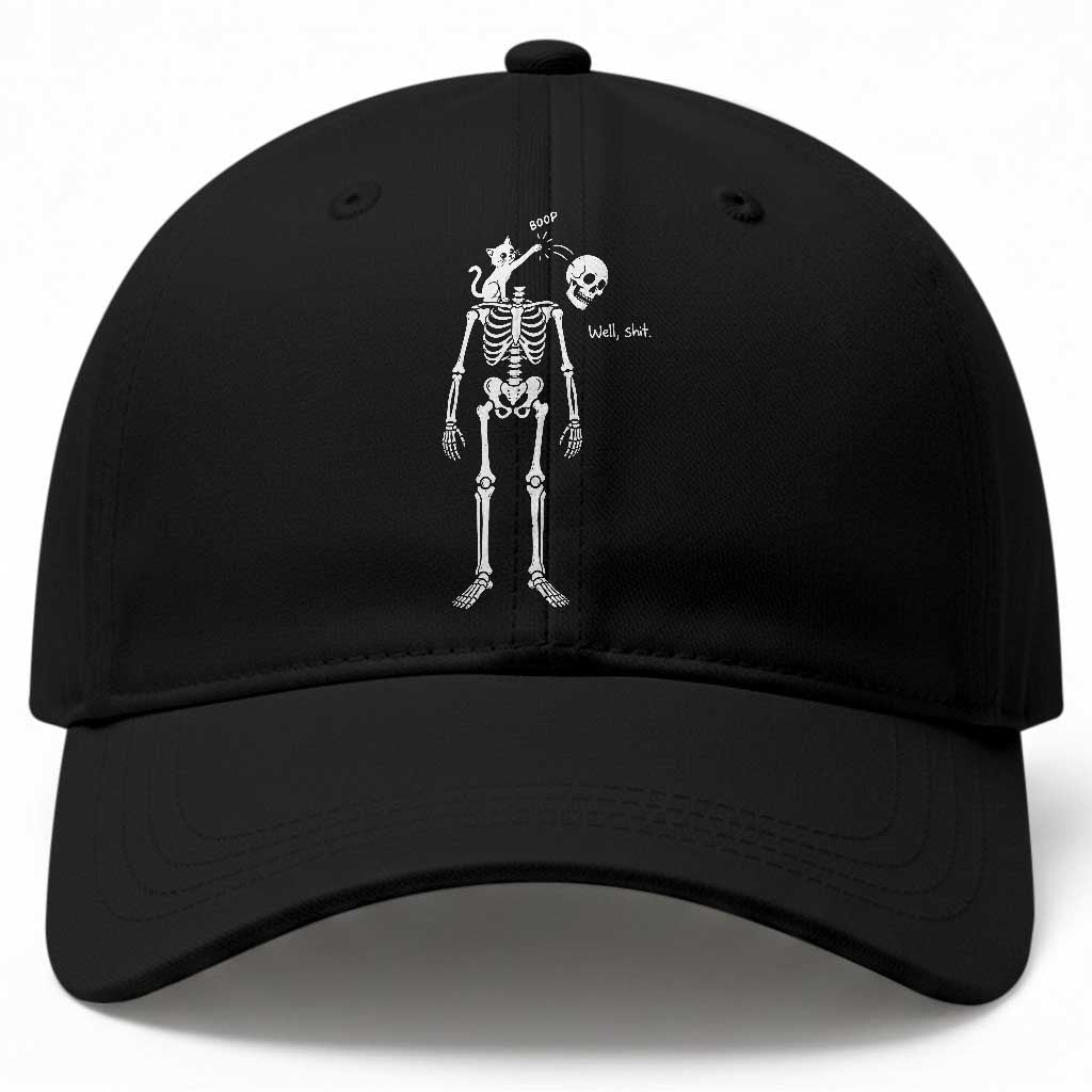 Boop Well Shit Funny Cat Knocking Skeleton Head Humor Graphic Baseball Cap