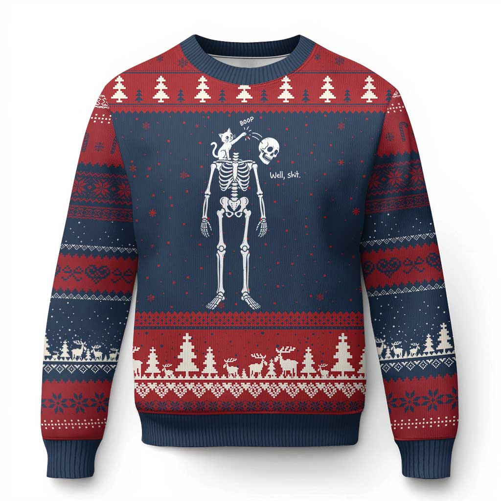 Boop Well Shit Funny Cat Knocking Skeleton Head Humor Graphic Ugly Christmas Sweater