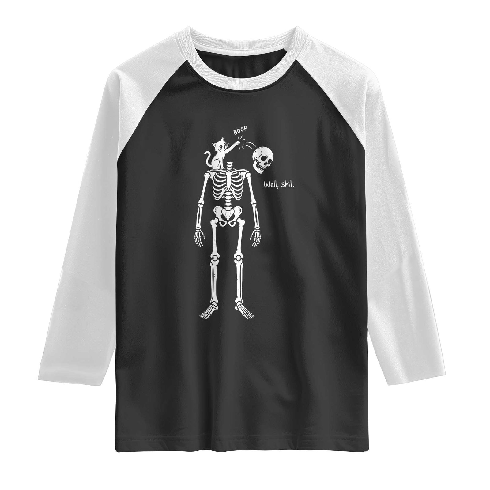 Boop Well Shit Funny Cat Knocking Skeleton Head Humor Graphic Raglan Shirt