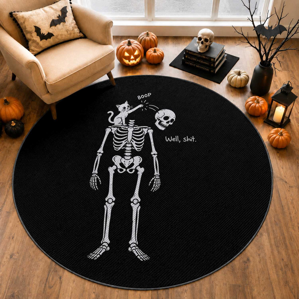 Boop Well Shit Funny Cat Knocking Skeleton Head Humor Graphic Round Rug