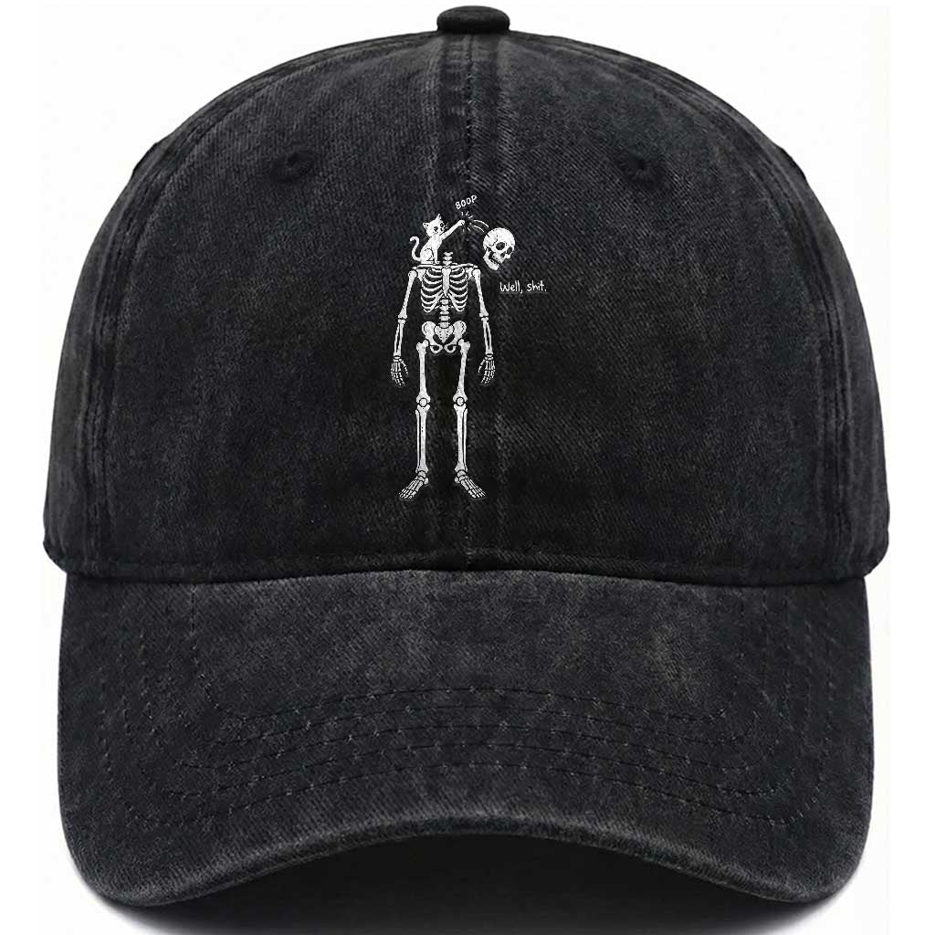 Boop Well Shit Funny Cat Knocking Skeleton Head Humor Graphic Washed Cotton Baseball Cap
