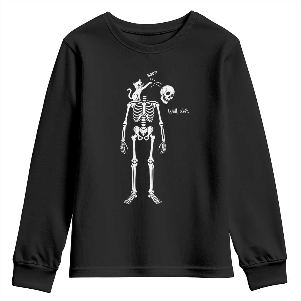 Boop Well Shit Funny Cat Knocking Skeleton Head Humor Graphic Youth Sweatshirt