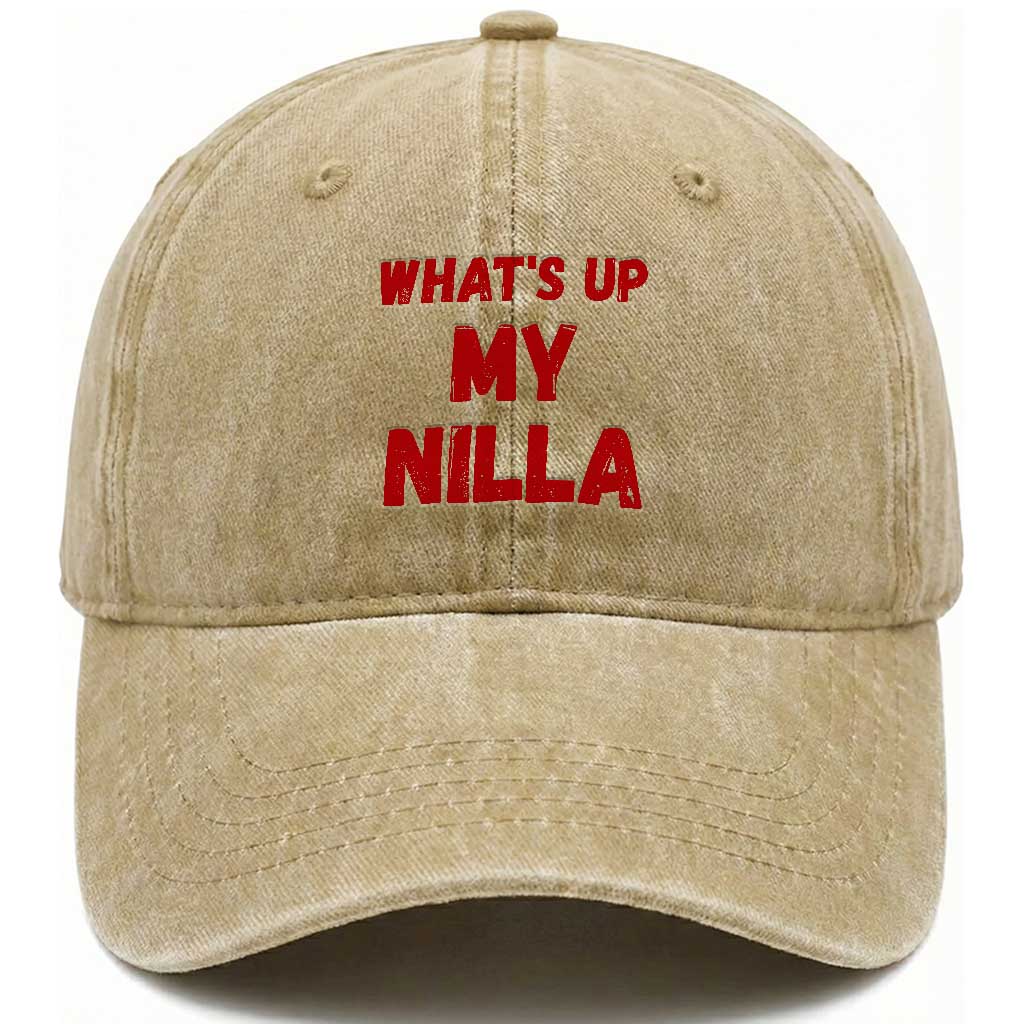 Whats Up My Nilla Funny Slang Meme Graphic Washed Cotton Baseball Cap Comedy Skit Distressed Red Typography