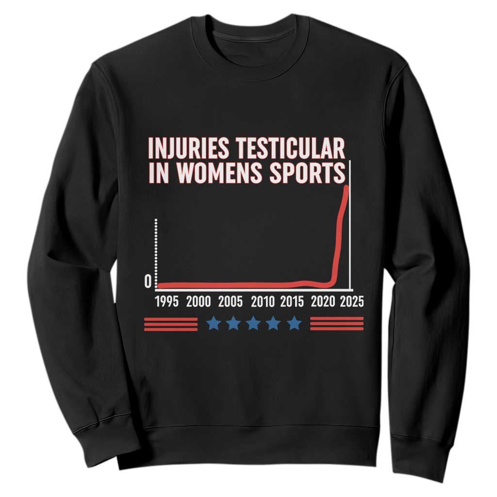 Testicular Injuries in Womens Sports Satirical Graphic Sweatshirt Dark Humor with Controversial Commentary TS02 Black Print Your Wear
