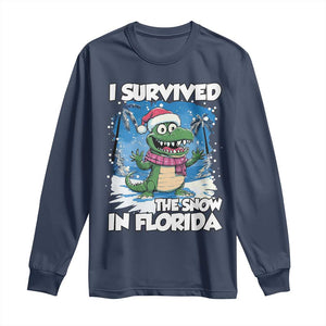 I Survived The Snow In Florida Long Sleeve Shirt Funny Crocodile TS02 Navy Print Your Wear