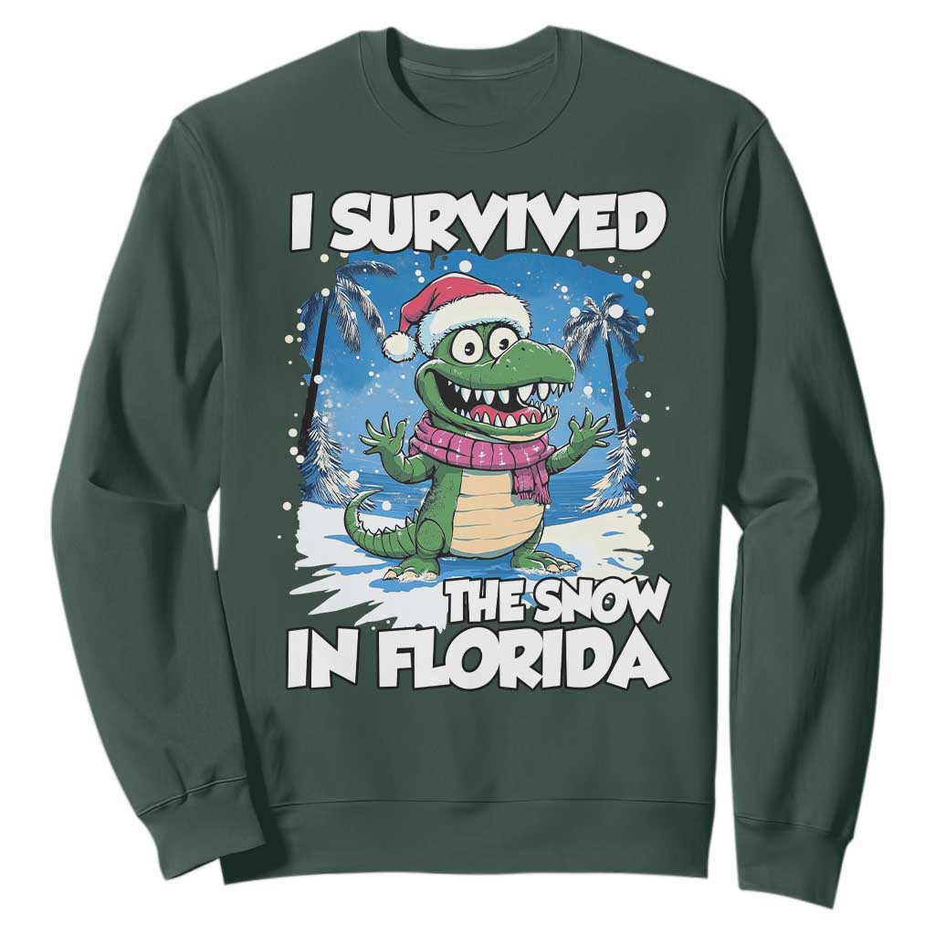 I Survived The Snow In Florida Sweatshirt Funny Crocodile TS02 Dark Forest Green Print Your Wear