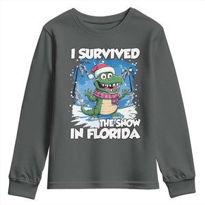 I Survived The Snow In Florida Youth Sweatshirt Funny Crocodile TS02 Dark Heather Print Your Wear