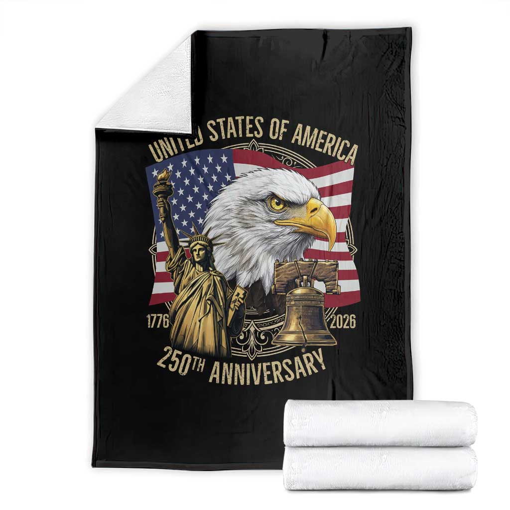 USA 250th Anniversary 1776 2026 4th of July Throw Blanket Patriotic Eagle Liberty Bell Statue of Liberty Graphic TS02 Black Print Your Wear