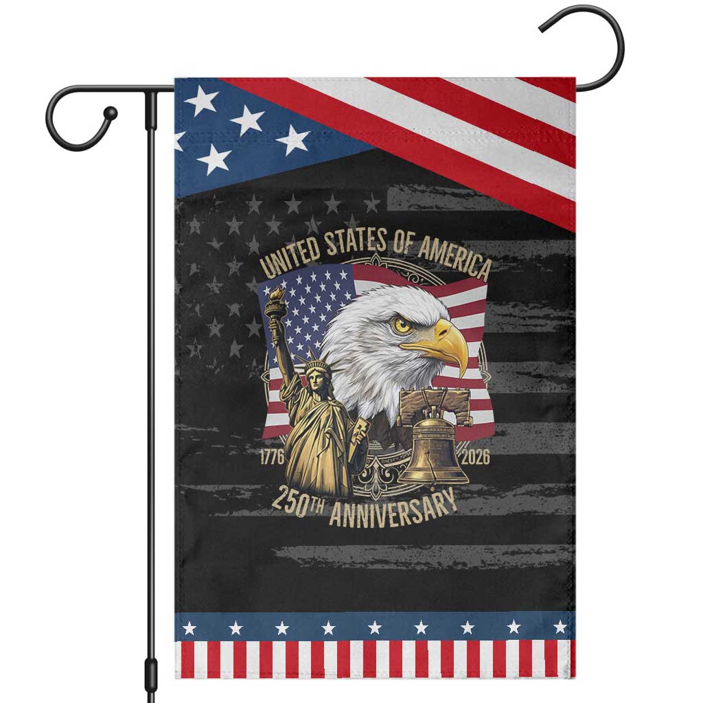 USA 250th Anniversary 1776 2026 4th of July Garden Flag Patriotic Eagle Liberty Bell Statue of Liberty Graphic TS02 Distressed Black Blue Print Your Wear