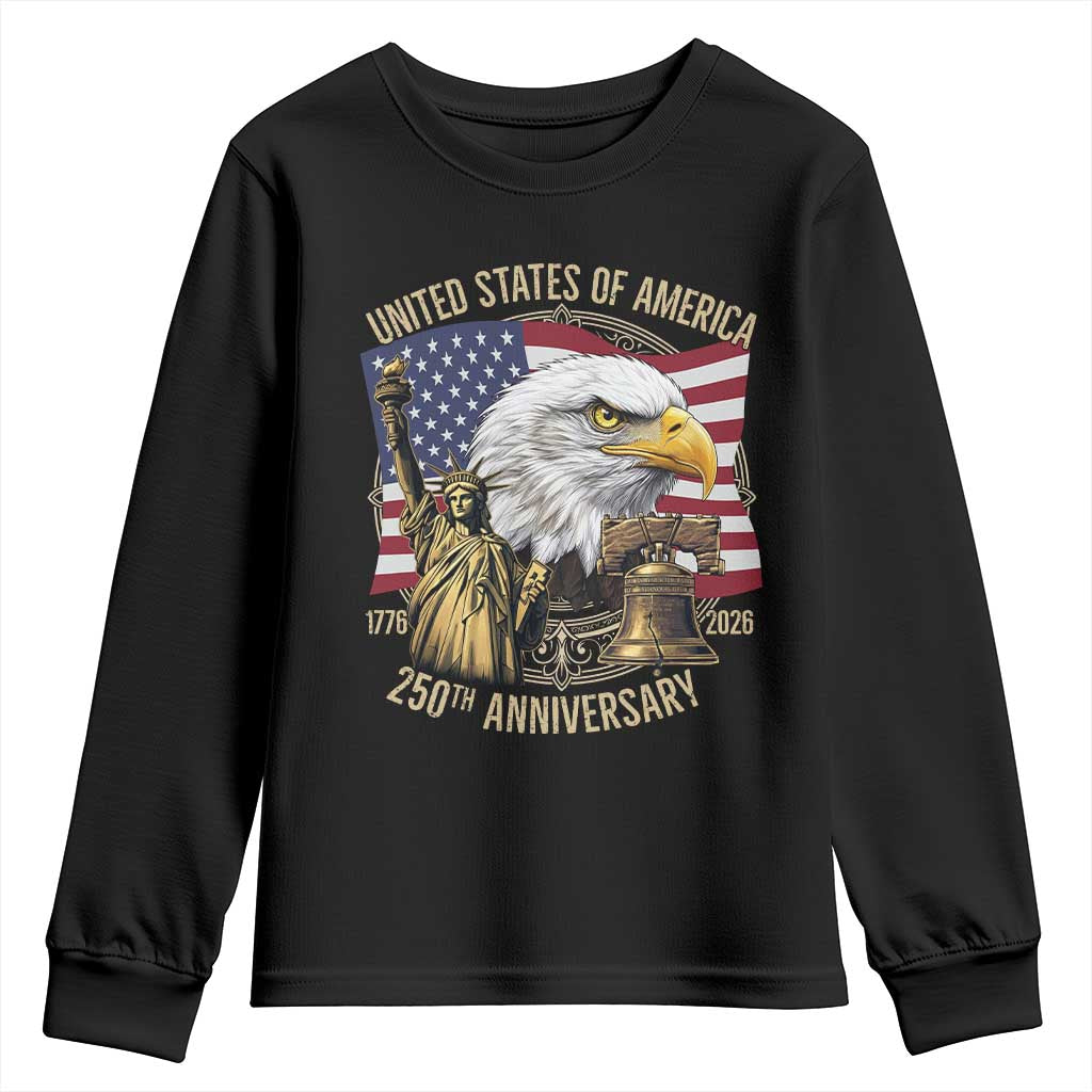 USA 250th Anniversary 1776 2026 4th of July Youth Sweatshirt Patriotic Eagle Liberty Bell Statue of Liberty Graphic TS02 Black Print Your Wear