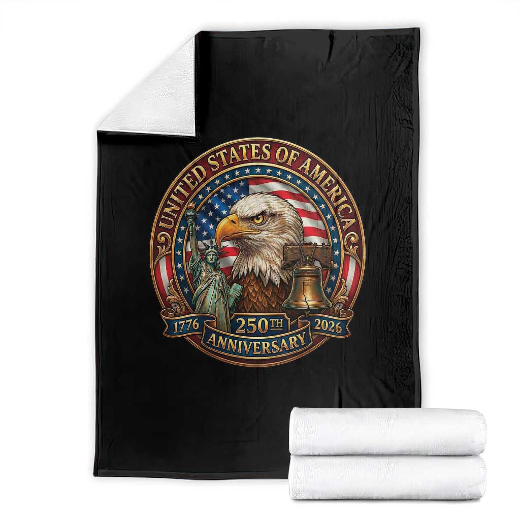 USA 250th Anniversary Emblem 1776 2026 Throw Blanket Patriotic Seal with Bald Eagle Liberty Bell Statue of Liberty TS02 Black Print Your Wear