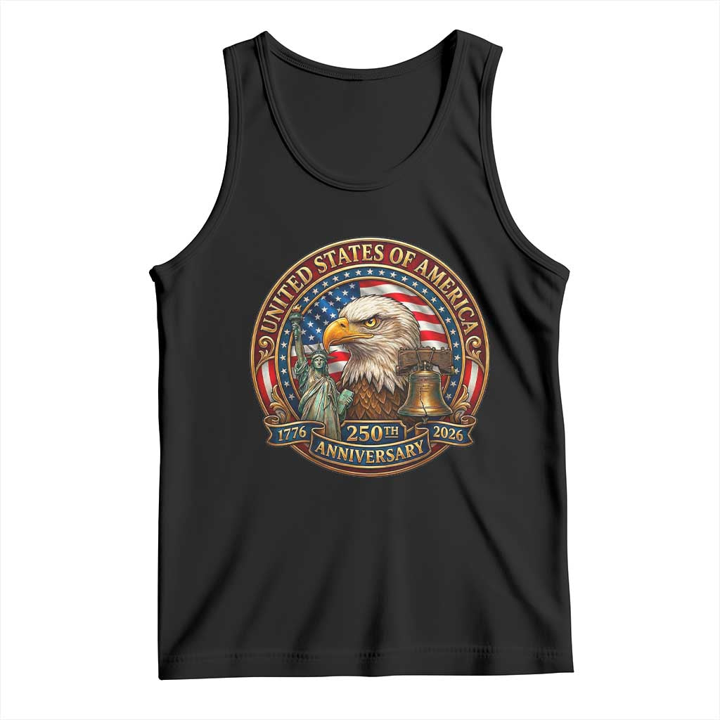 USA 250th Anniversary Emblem 1776 2026 Tank Top Patriotic Seal with Bald Eagle Liberty Bell Statue of Liberty TS02 Black Print Your Wear