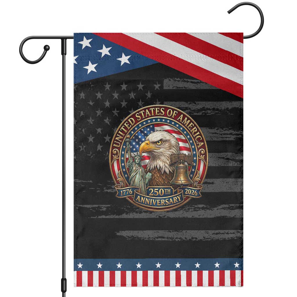 USA 250th Anniversary Emblem 1776 2026 Garden Flag Patriotic Seal with Bald Eagle Liberty Bell Statue of Liberty TS02 Distressed Black Blue Print Your Wear