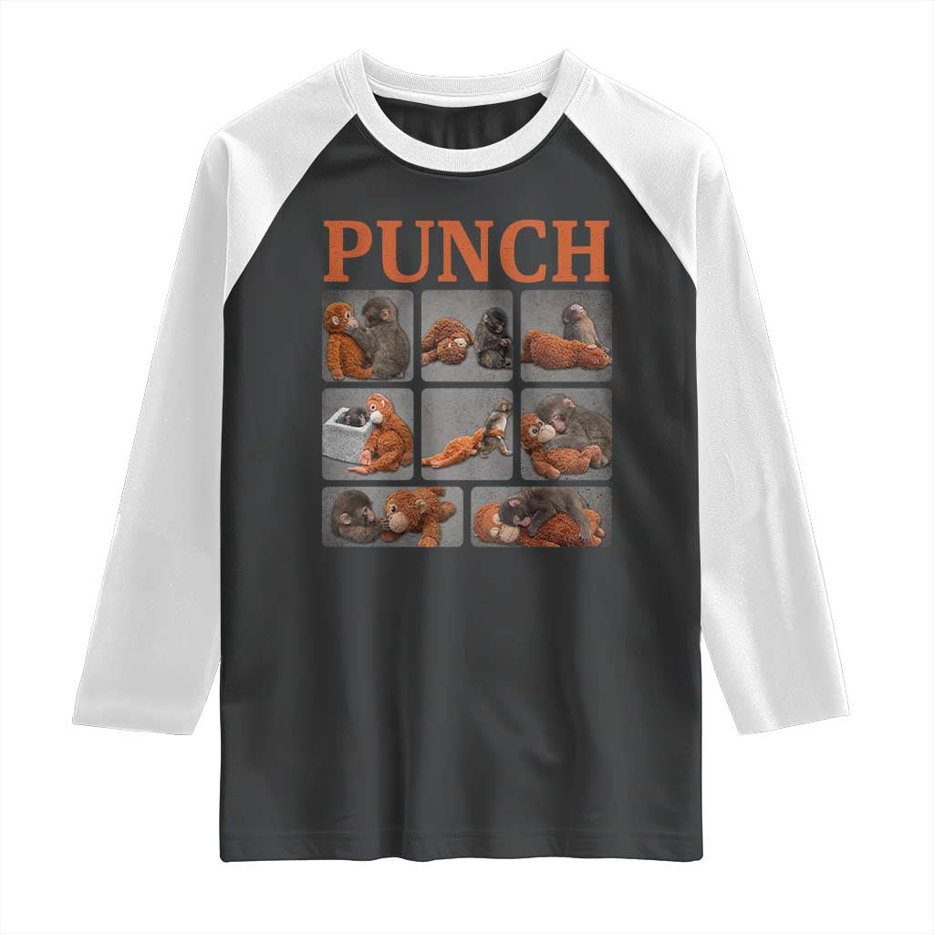 Cute Baby Monkey Punch with Plush Toy Graphic Raglan Shirt TS02 Black White Print Your Wear