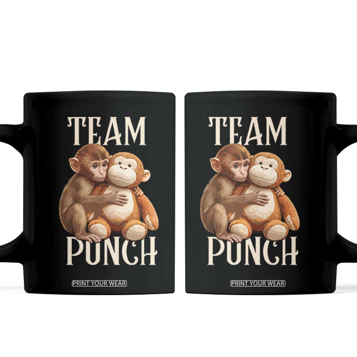 Team Punch Cute Baby Monkey Hugging Plush Toy Graphic Coffee Mug TS02 Black Print Your Wear