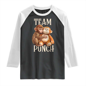 Team Punch Cute Baby Monkey Hugging Plush Toy Graphic Raglan Shirt TS02 Black White Print Your Wear