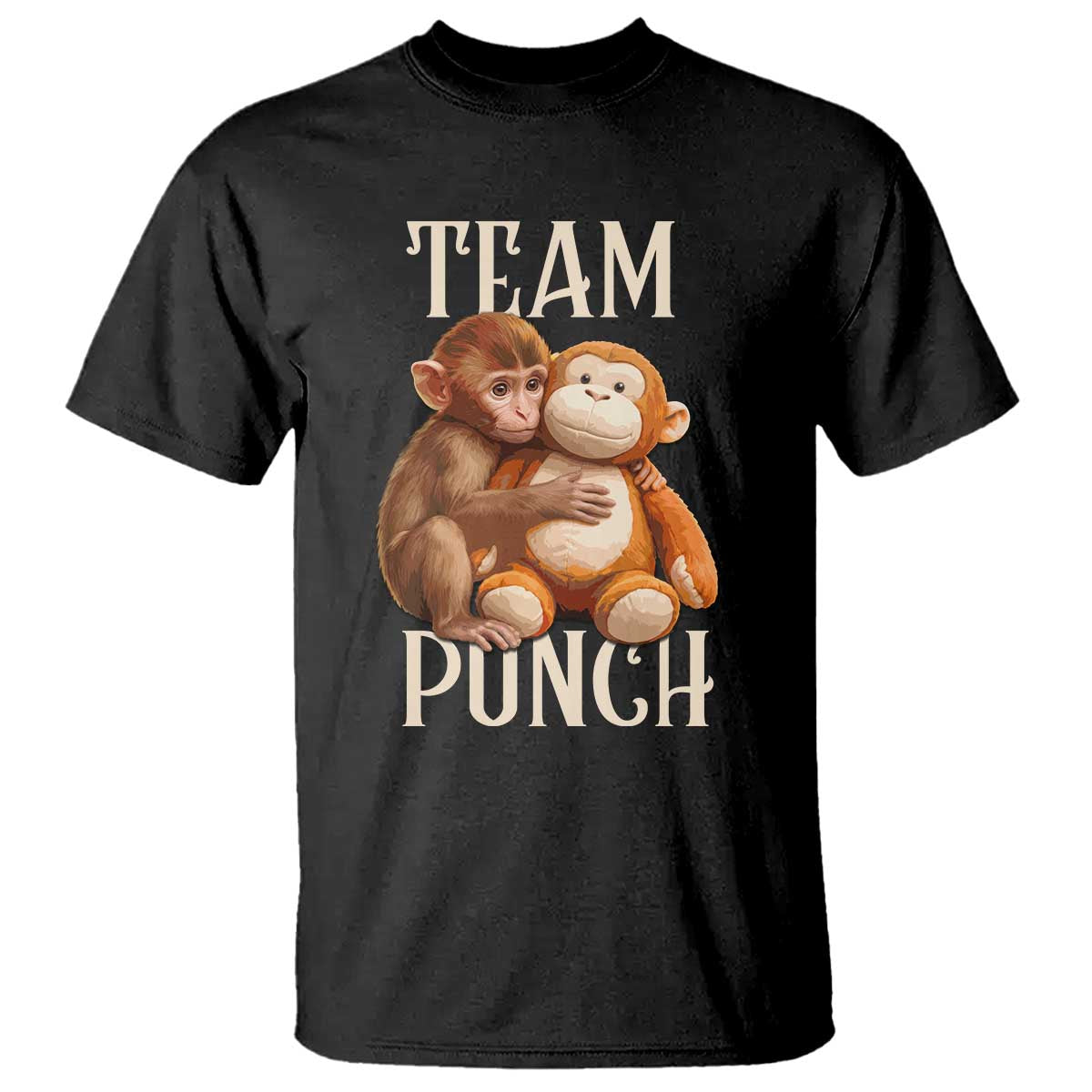 Team Punch - Cute Baby Monkey Hugging Plush Toy Graphic T Shirt TS02 Black Print Your Wear
