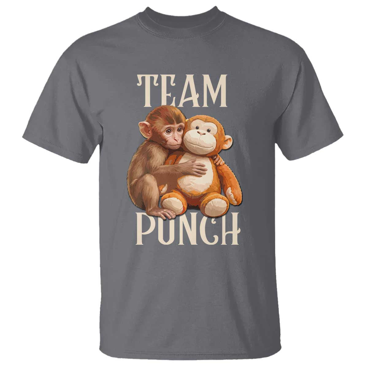 Team Punch - Cute Baby Monkey Hugging Plush Toy Graphic T Shirt TS02 Charcoal Print Your Wear
