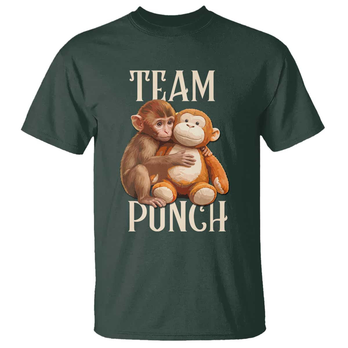 Team Punch - Cute Baby Monkey Hugging Plush Toy Graphic T Shirt TS02 Dark Forest Green Print Your Wear