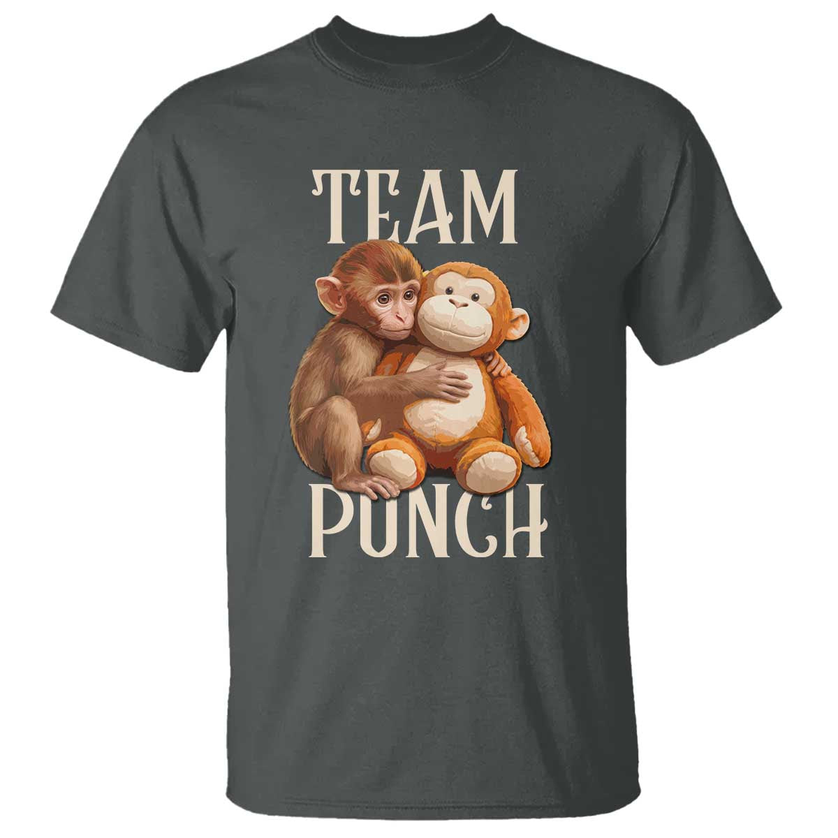 Team Punch - Cute Baby Monkey Hugging Plush Toy Graphic T Shirt TS02 Dark Heather Print Your Wear