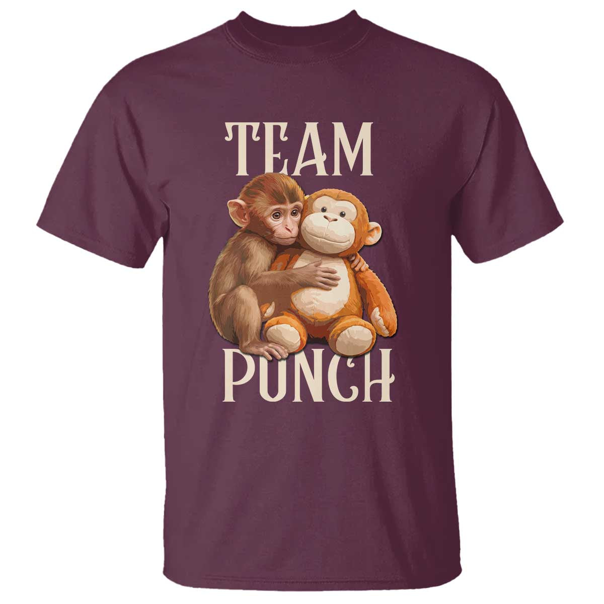 Team Punch - Cute Baby Monkey Hugging Plush Toy Graphic T Shirt TS02 Maroon Print Your Wear