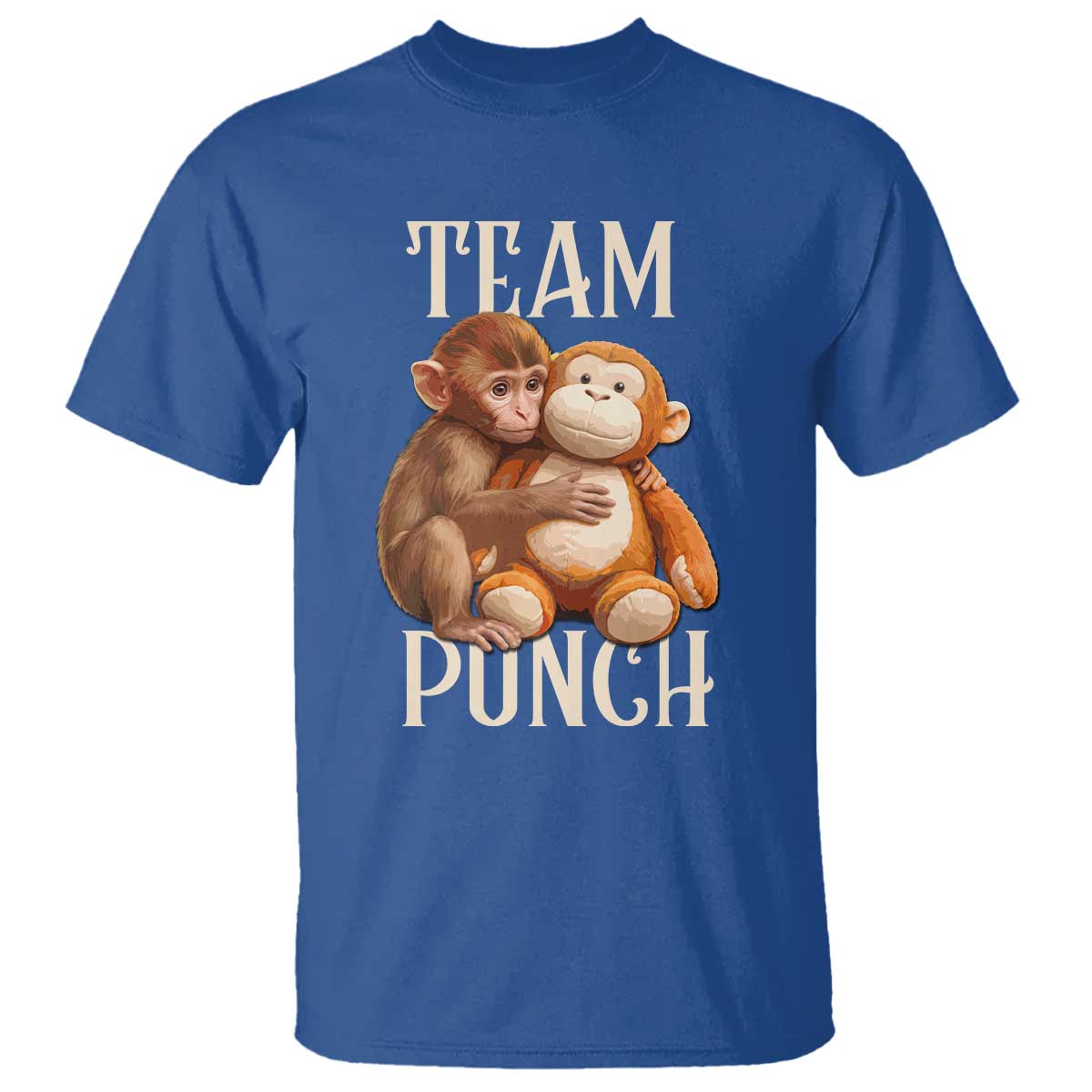 Team Punch - Cute Baby Monkey Hugging Plush Toy Graphic T Shirt TS02 Royal Blue Print Your Wear