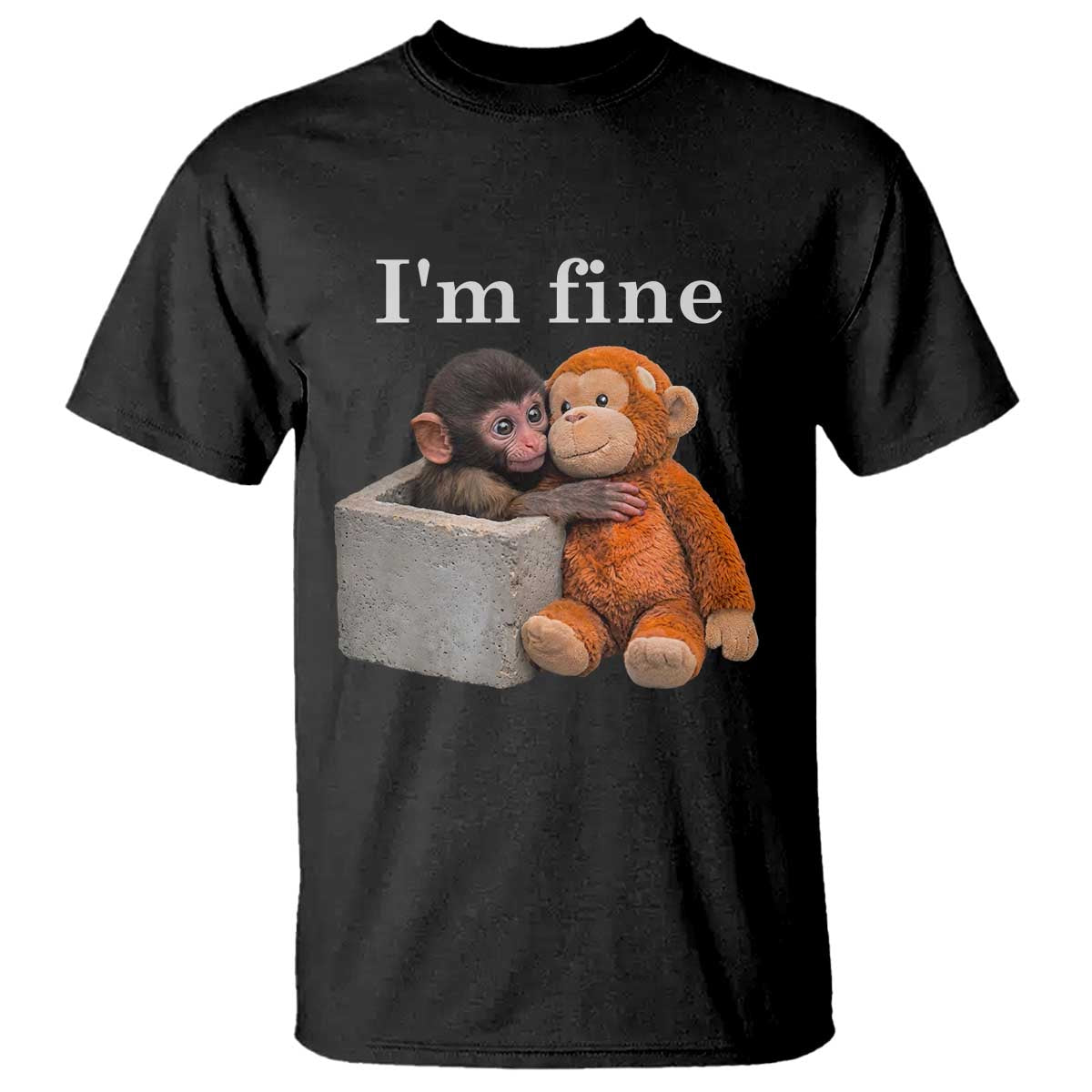 I’m Fine Viral Punch Monkey Meme T Shirt Cute Baby Monkey Hugging Plush Emotional Humor Gift TS02 Black Print Your Wear