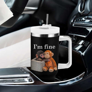 I’m Fine Viral Punch Monkey Meme Tumbler With Handle Cute Baby Monkey Hugging Plush Emotional Humor Gift TS02 Print Your Wear