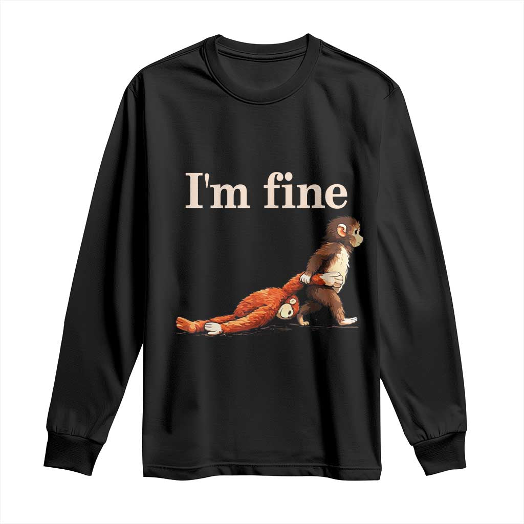 I’m Fine Funny Monkey Meme Long Sleeve Shirt Viral Punch Baby Monkey Relatable Cute Gift TS02 Black Print Your Wear